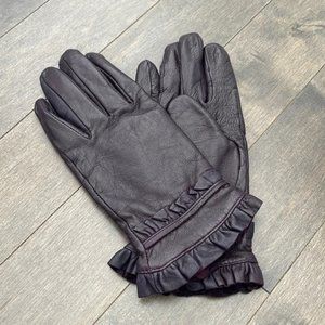 Women’s Dark Purple Leather Lined Ruffle Edge Gloves